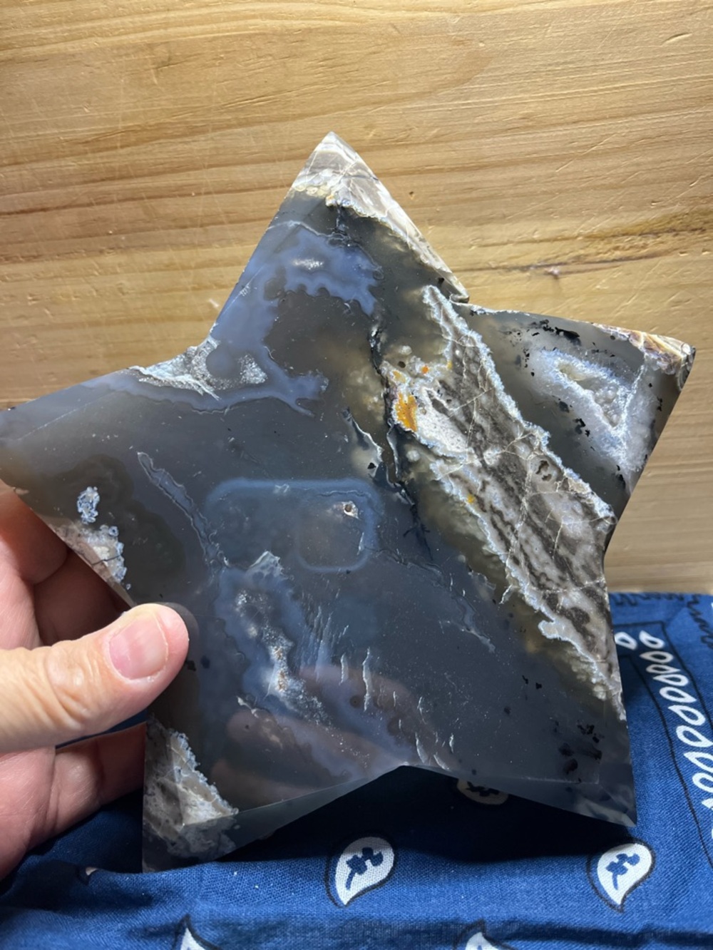 Polished Star-Shaped Volcano Agate Display - Gray & Cream Tones